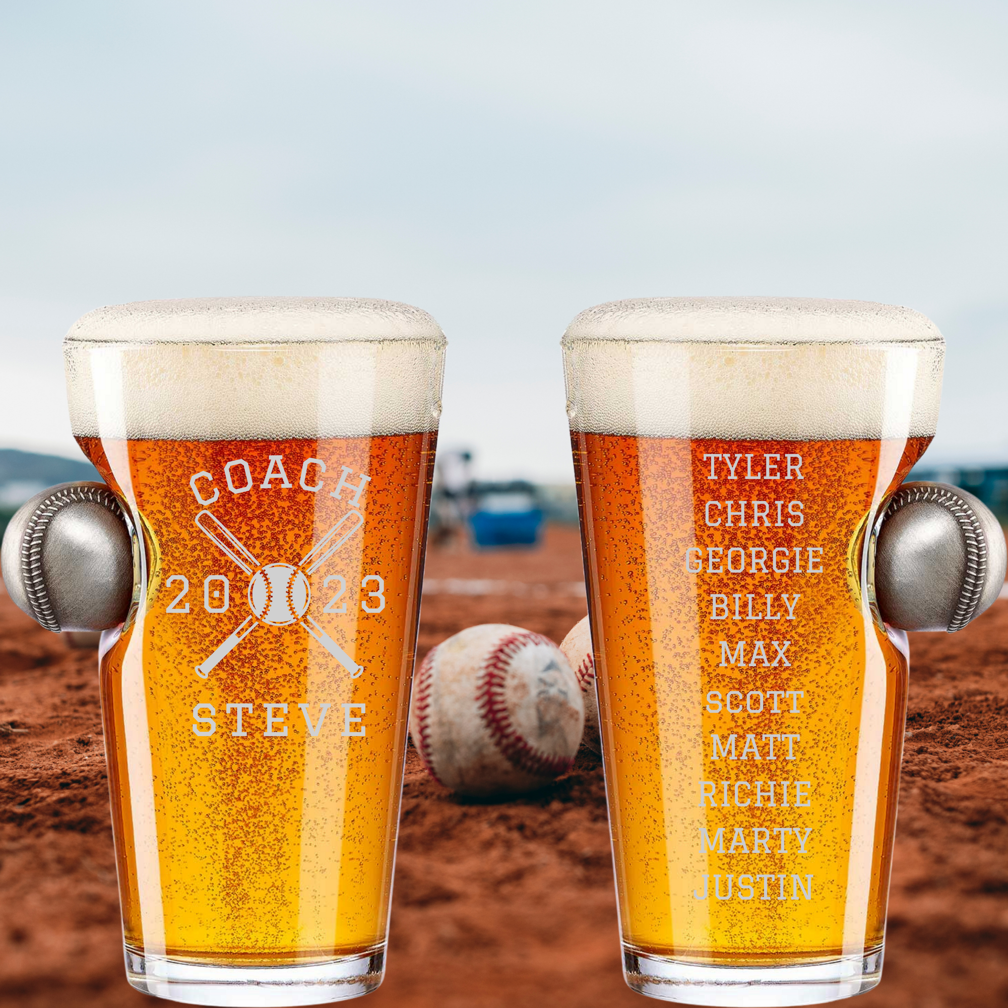 Baseball Coach Gift Personalized Pint Glass with Embedded Baseball and Players Names