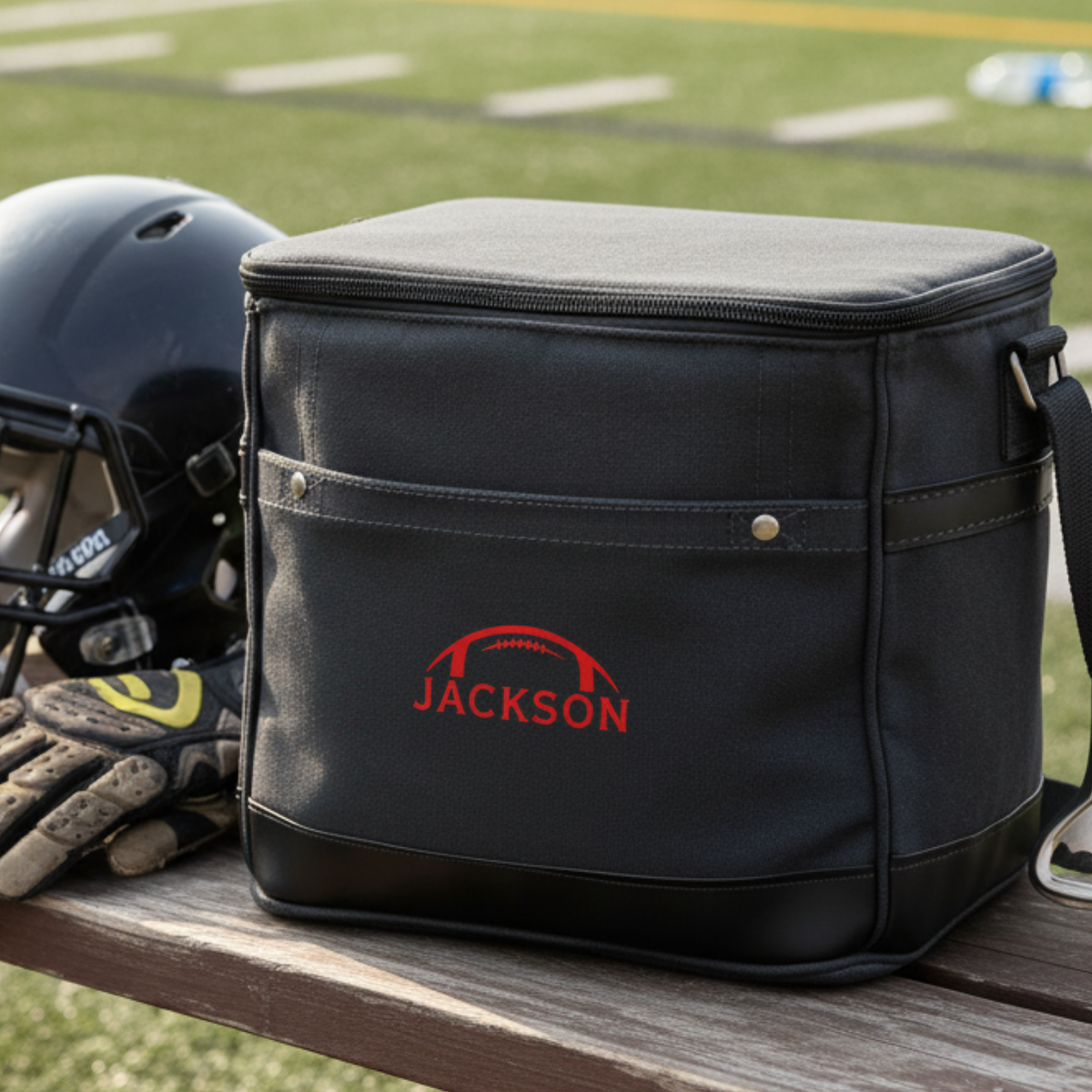 Black insulated cooler with sample name "Jackson" in red football design, displayed on wooden bench beside helmet and gloves with football field background