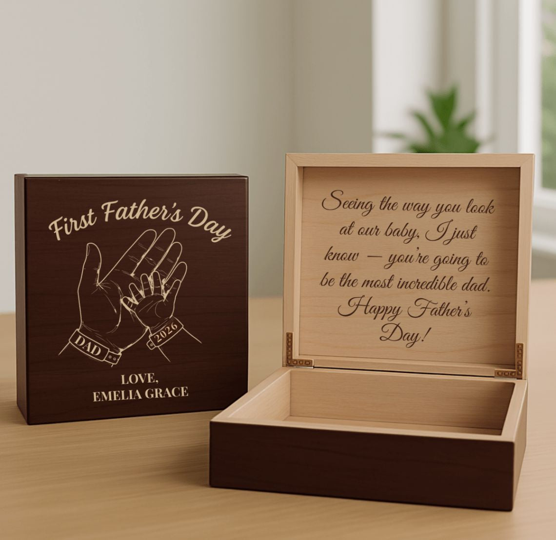 Personalized wooden box for first Father's Day Gift with engraved text and design.