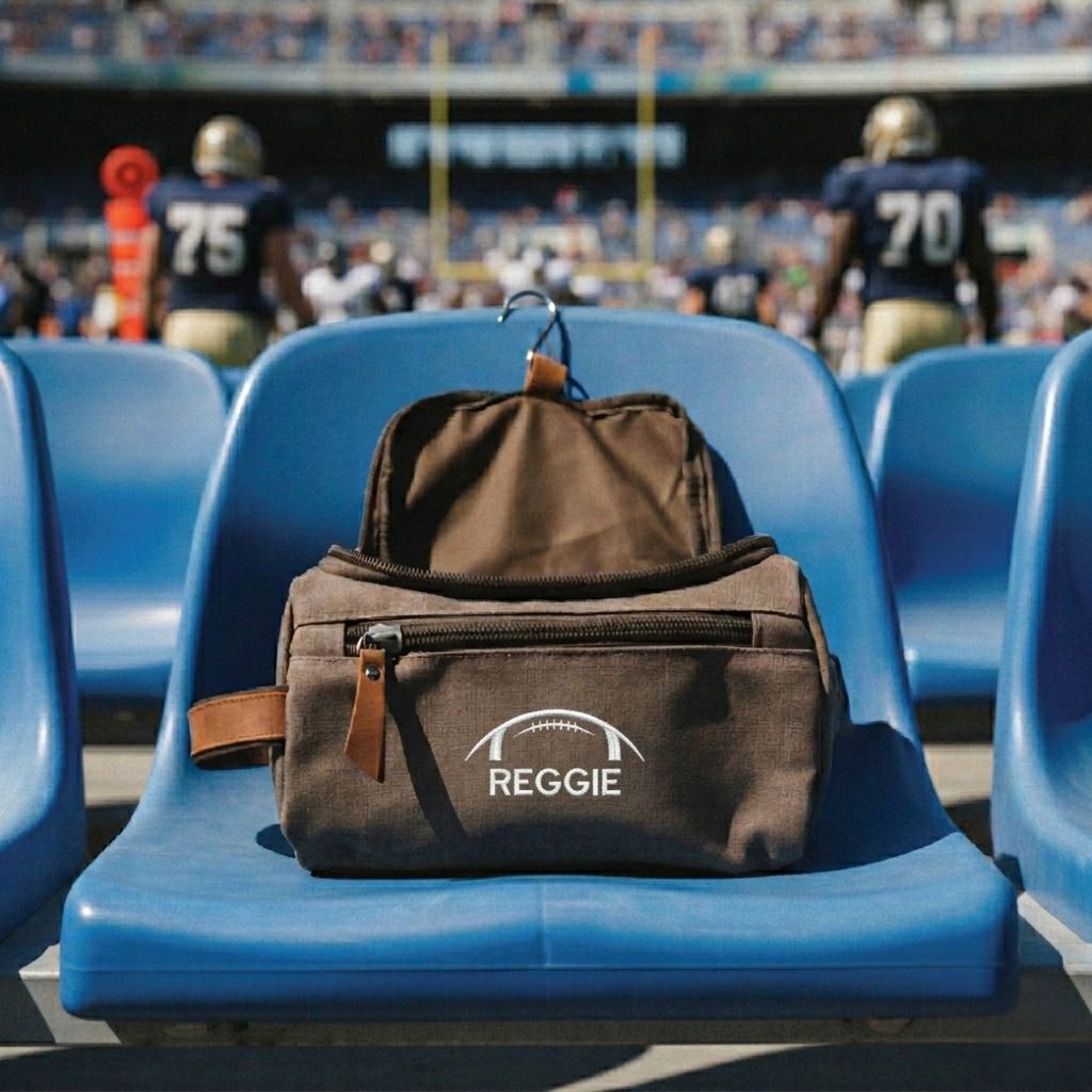 Gray washed canvas toiletry bag with brown leather handle and zipper pulls, personalized with sample name "REGGIE" embroidered above football motif, displayed on stadium seat.