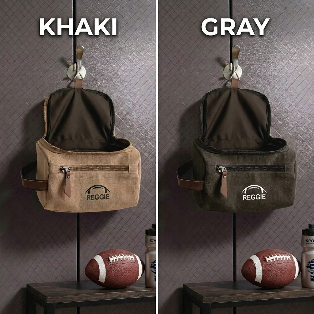 Two color options for canvas toiletry bag displayed side by side: khaki and gray, each featuring embroidered football logo and leather accents