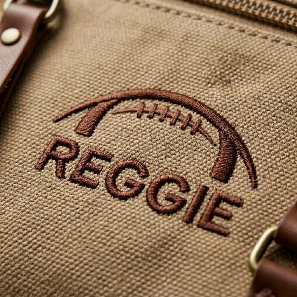 Washed canvas toiletry bag with embroidered football design and sample initials "REGGIE" in brown thread, leather trim visible at edges