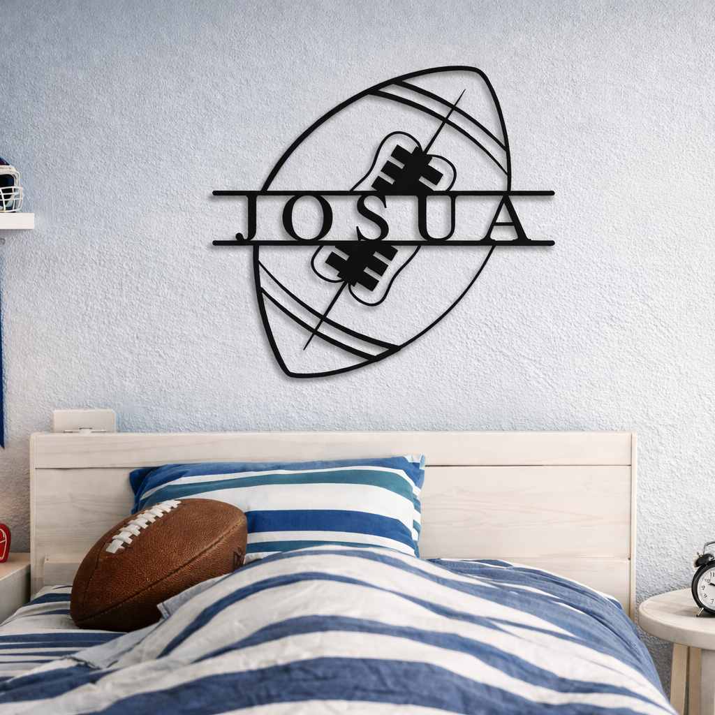 Bedroom with a football-themed wall decor above a bed