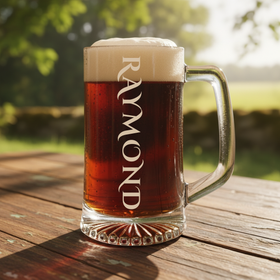 personalized beer mug with engraved name filled with craft beer