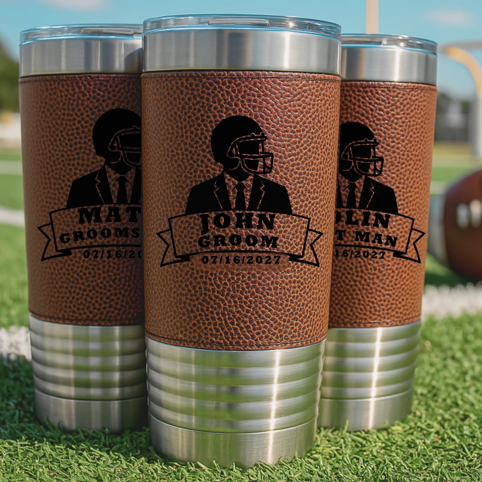 Personalized football tumbler with engraved name, groomsman role, and wedding date on faux leather wrap
