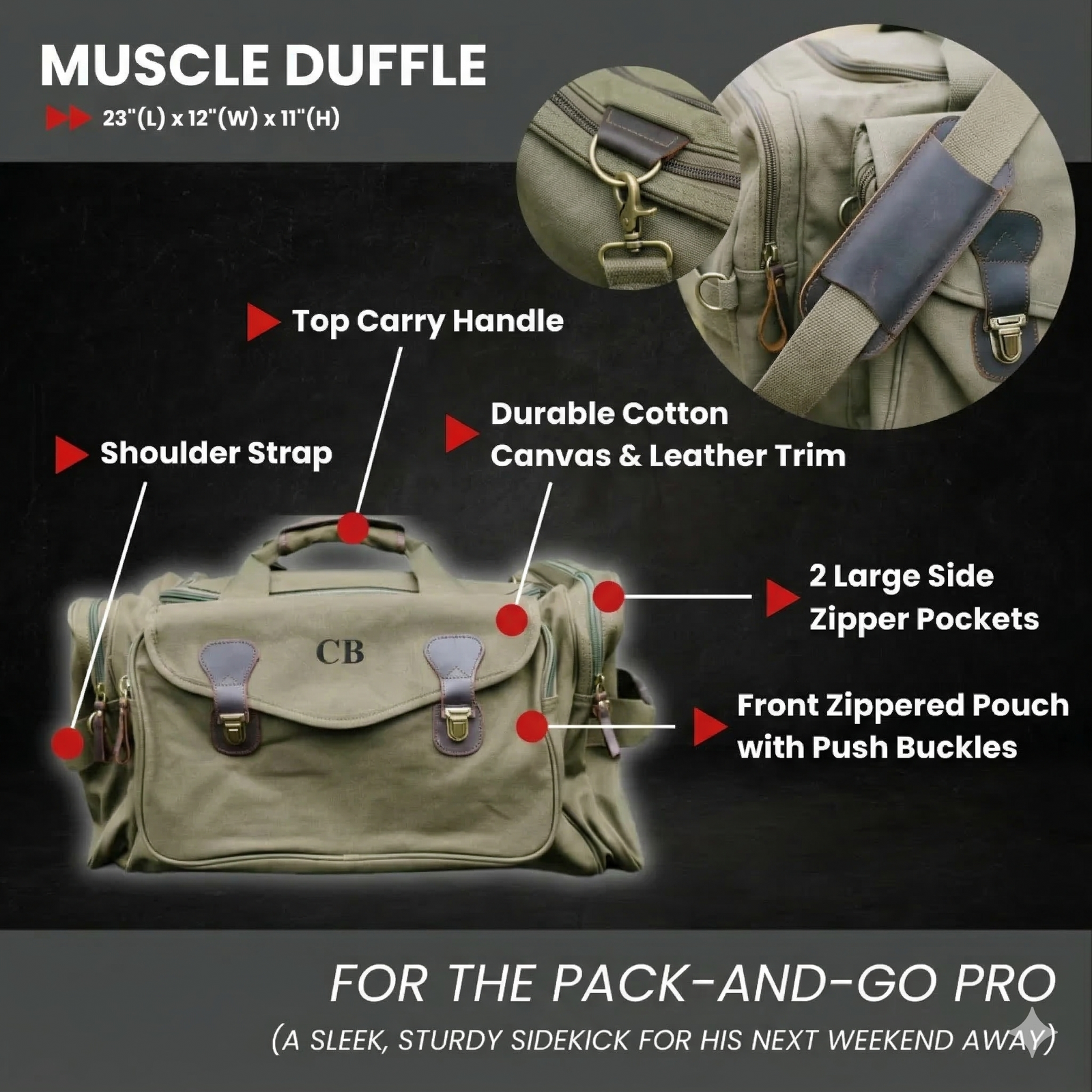 Canvas weekender bag with sample monogram "CB" showing top carry handle, shoulder strap, leather-trimmed pockets, and front zippered pouch with brass buckles