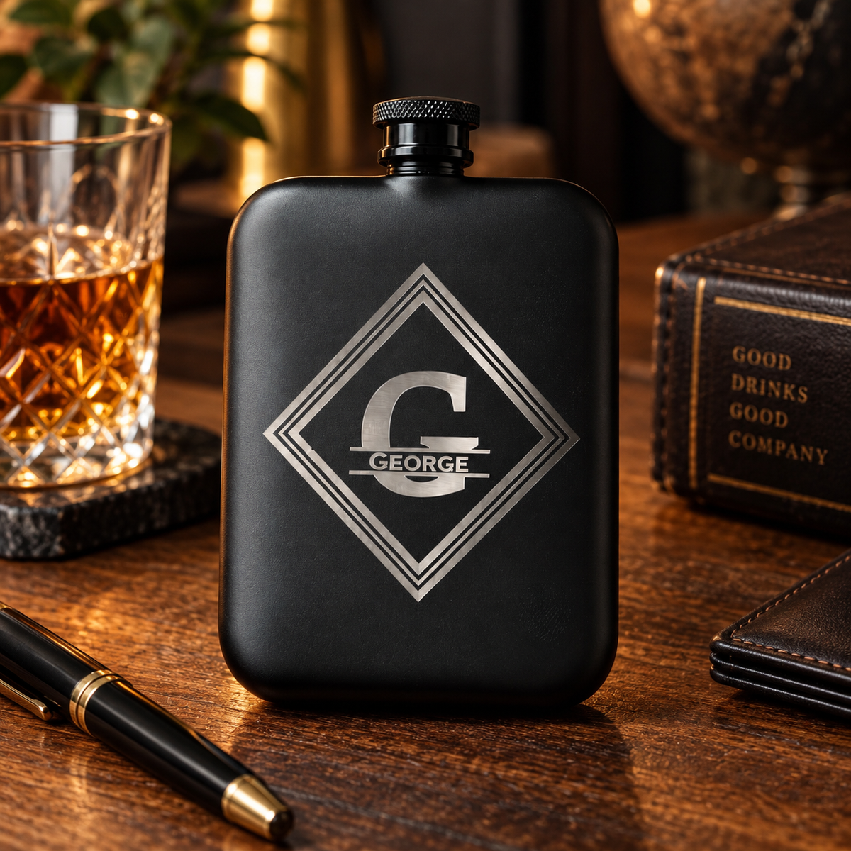 Black stainless steel hip flask with engraved diamond border and monogram "GEORGE" displayed with whiskey glass and pen on wooden surface.