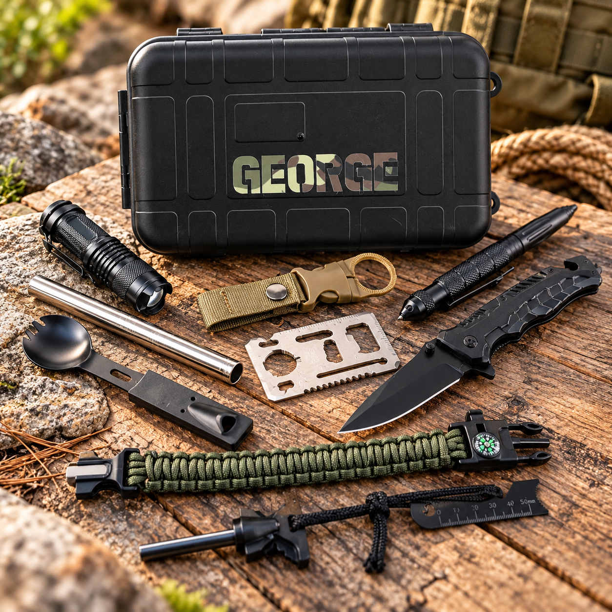 Personalized survival gift set for men with custom name case and 14 tactical tools