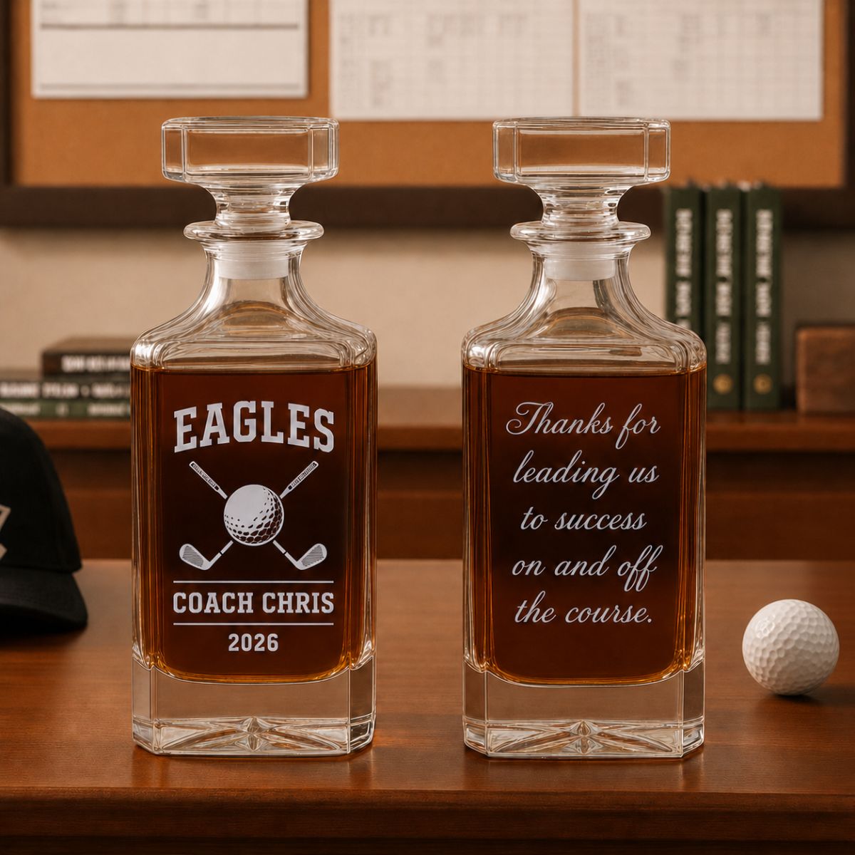 Personalized golf coach decanter engraved with team name, coach name, and year