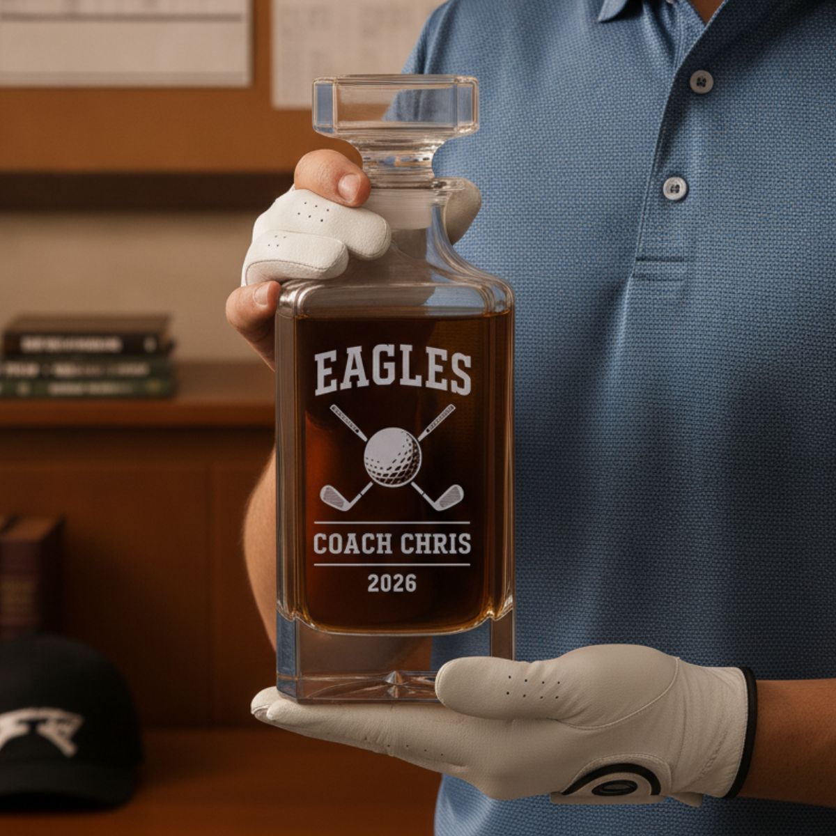 Personalized golf coach decanter engraved with team name, coach name, and year