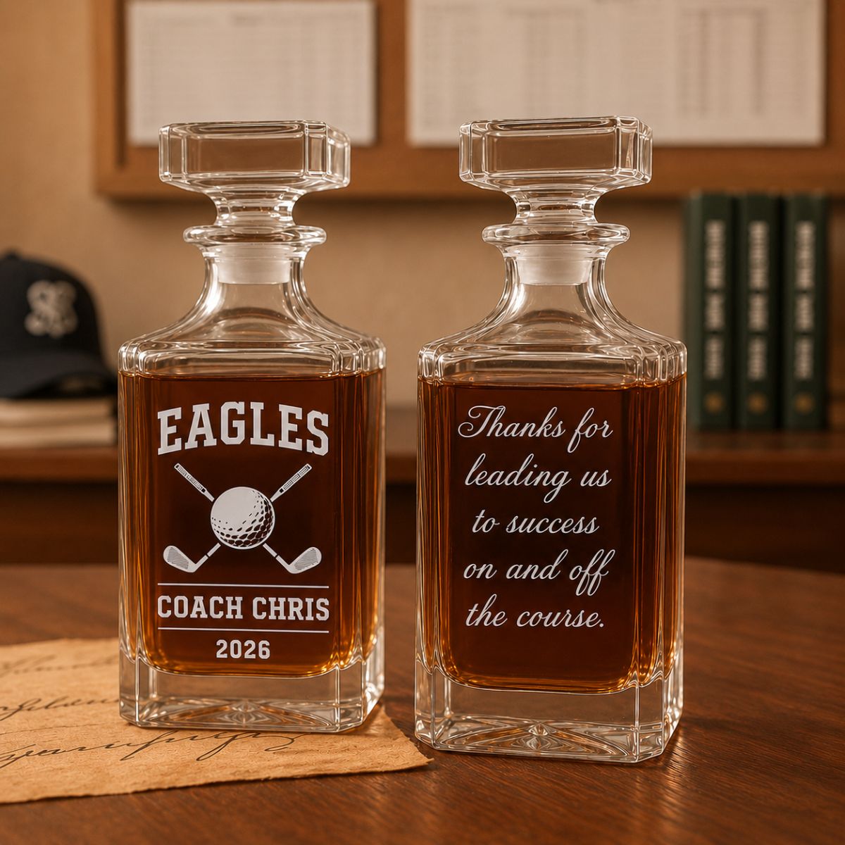 Personalized golf coach decanter engraved with team name, coach name, and year