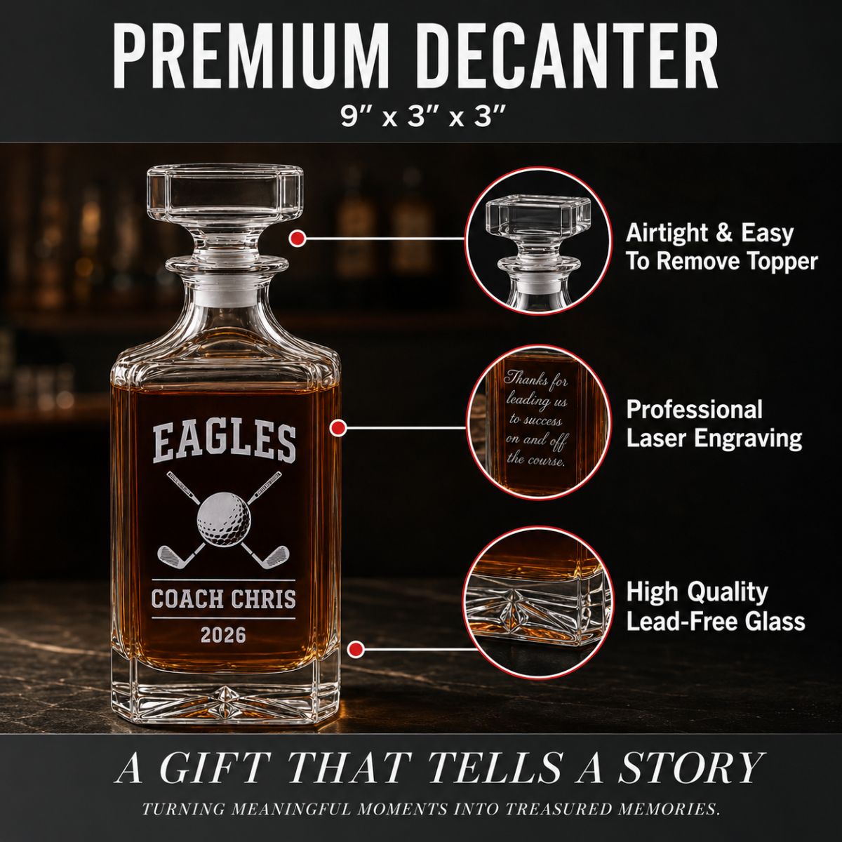 Personalized golf coach decanter engraved with team name, coach name, and year