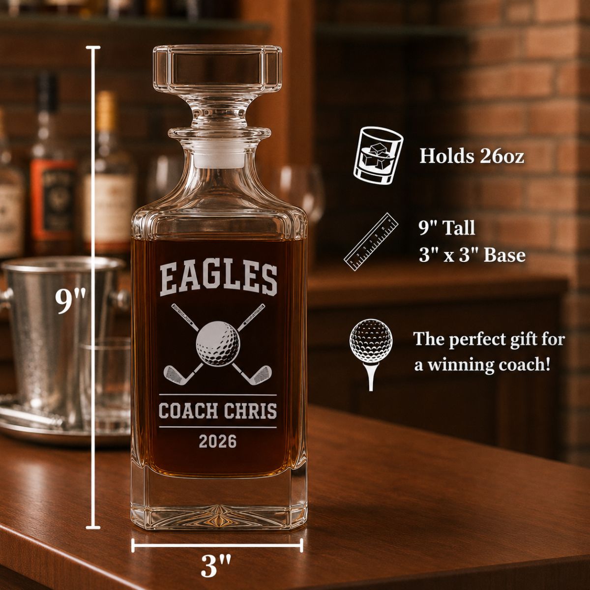 Personalized golf coach decanter engraved with team name, coach name, and year
