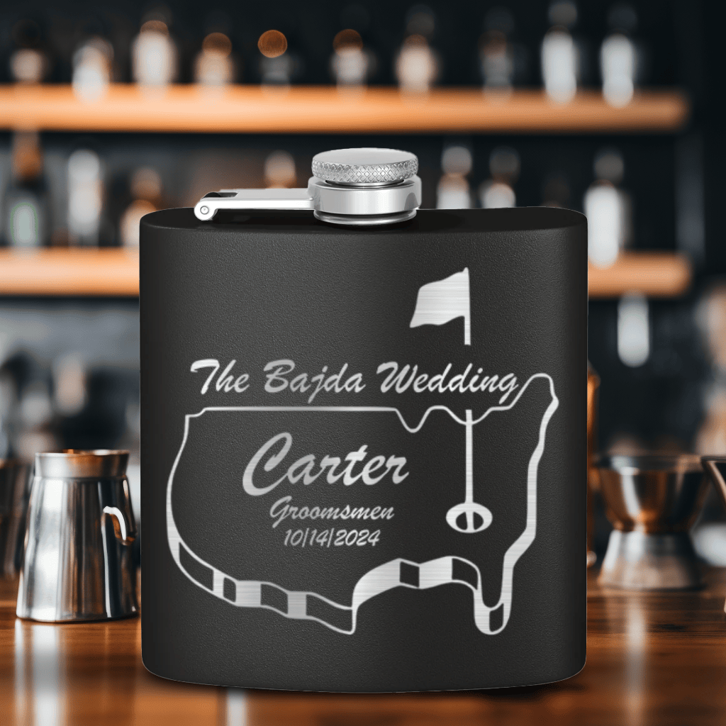 Black Golf Flask With Golfers Wedding Party Design