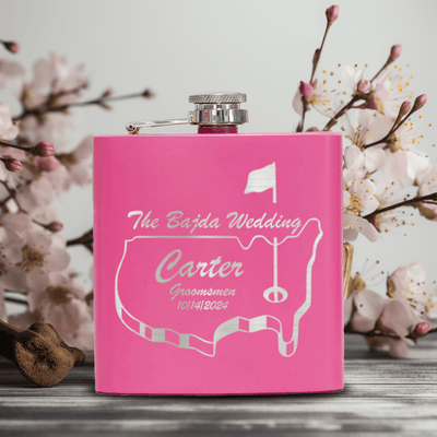 Pink Golf Flask With Golfers Wedding Party Design