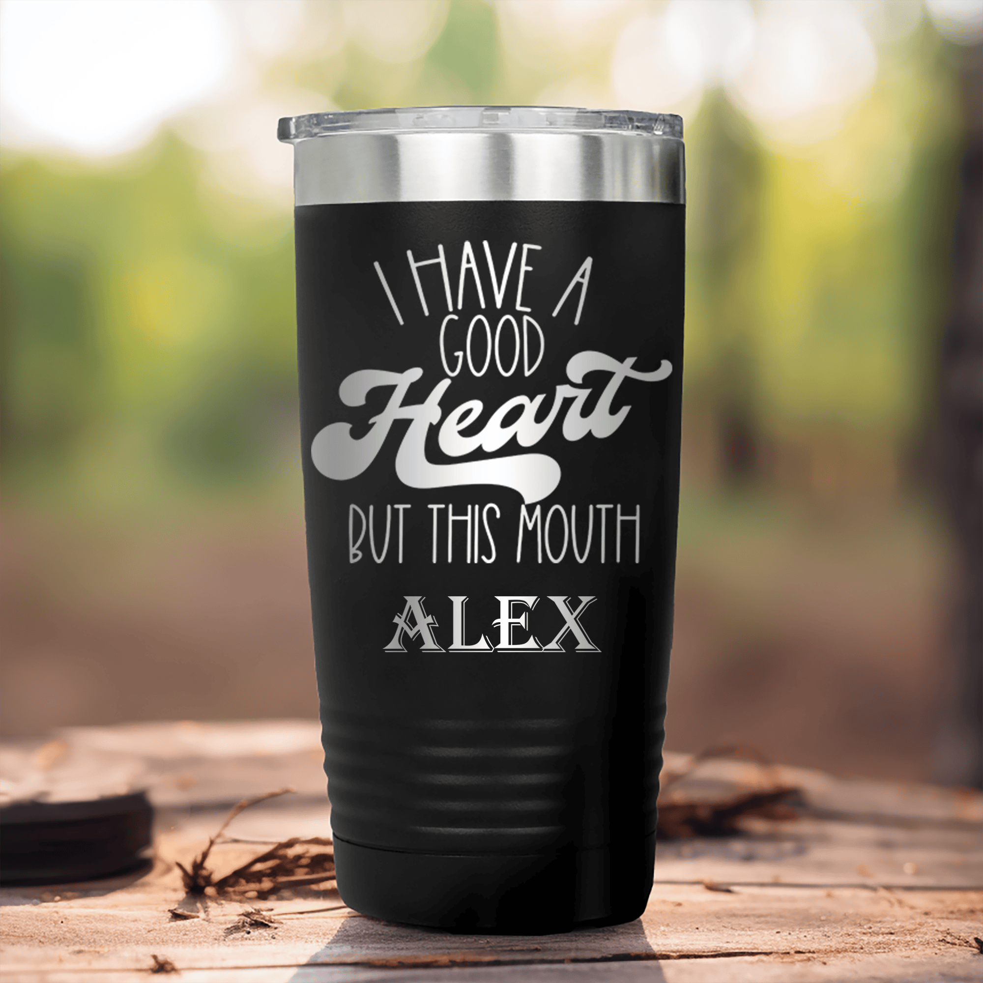 Black Funny Tumbler With Good Heart Bad Mouth Design