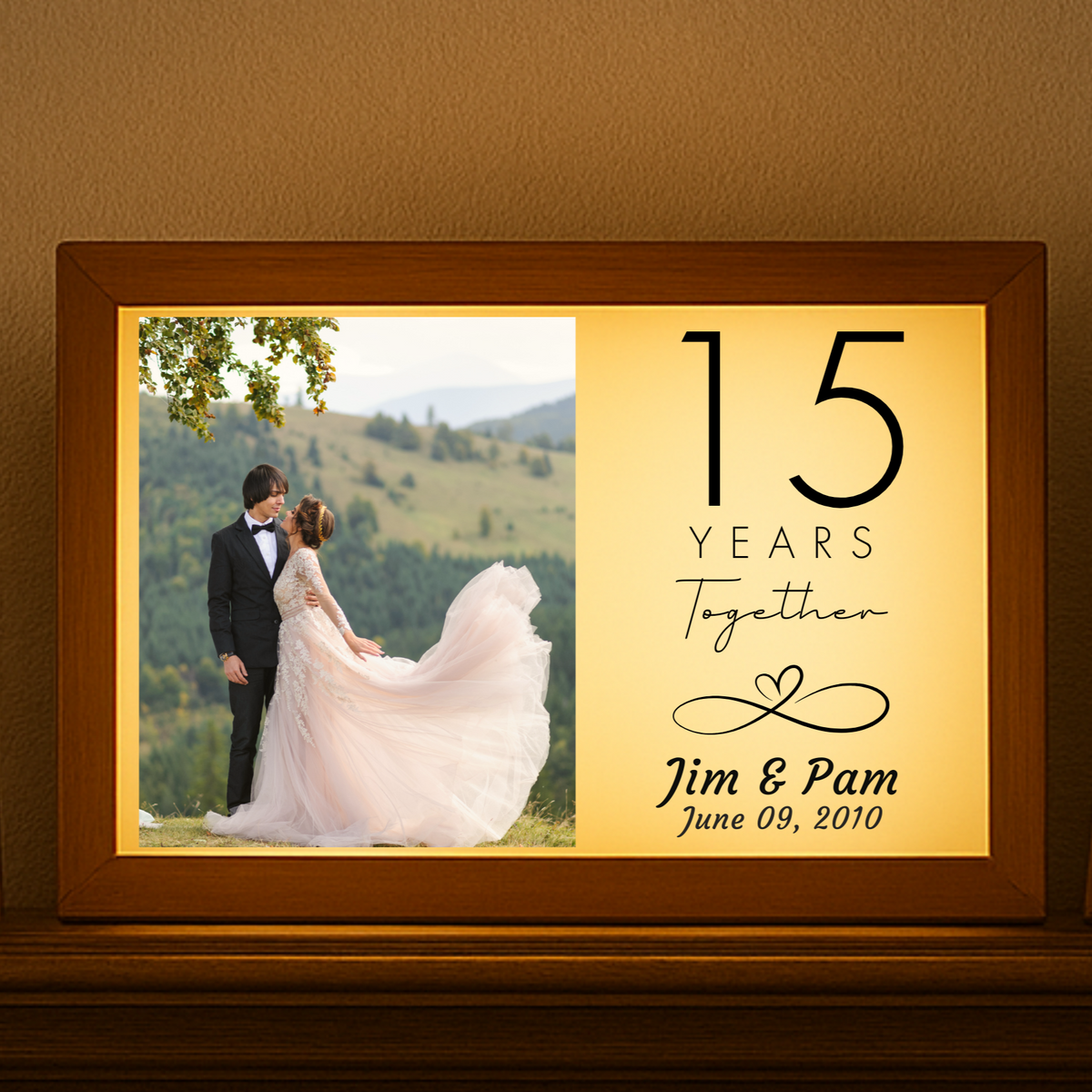 Personalized wedding anniversary photo frame with LED light, names, years together, and custom date