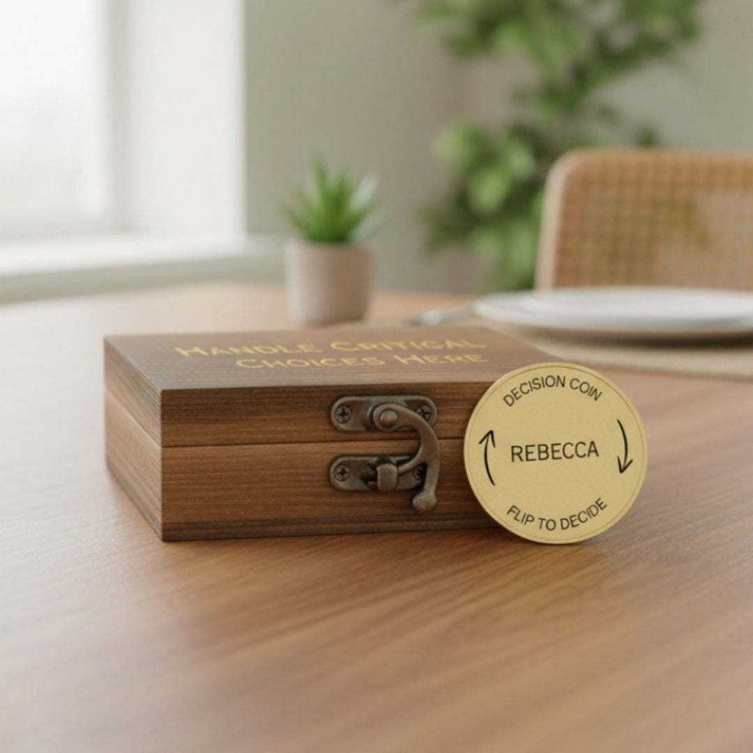Wooden box with brass decision coin engraved with sample name "Rebecca" and "Decision Coin Flip to Decide" text, displayed on table with plants