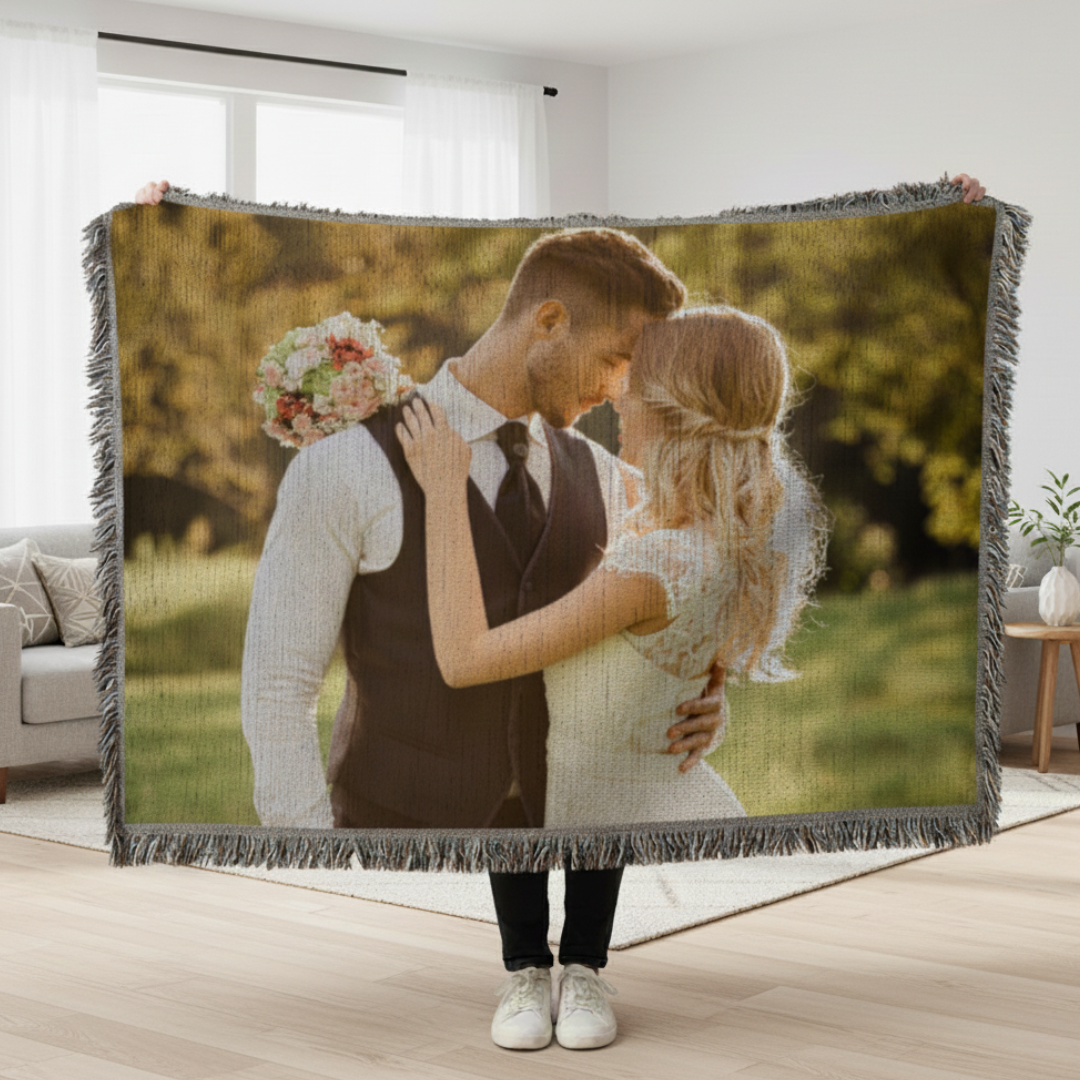 Personalized Woven Photo Blanket for Him with Custom Image and Fringe