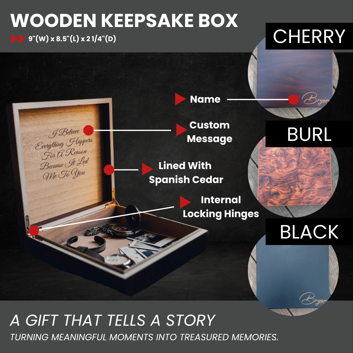 Personalized keepsake box features: name and message engraving, Spanish cedar lining, internal locking hinges, 9 by 8.5 by 2.25 inches