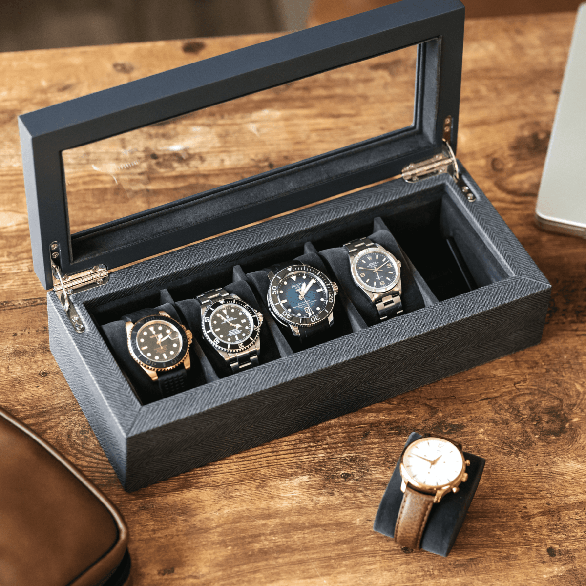 Unique Personalized Herringbone Two - Toned Watch Box - 5 Slot Customized watch box Gifts for Men by Groovy Guy