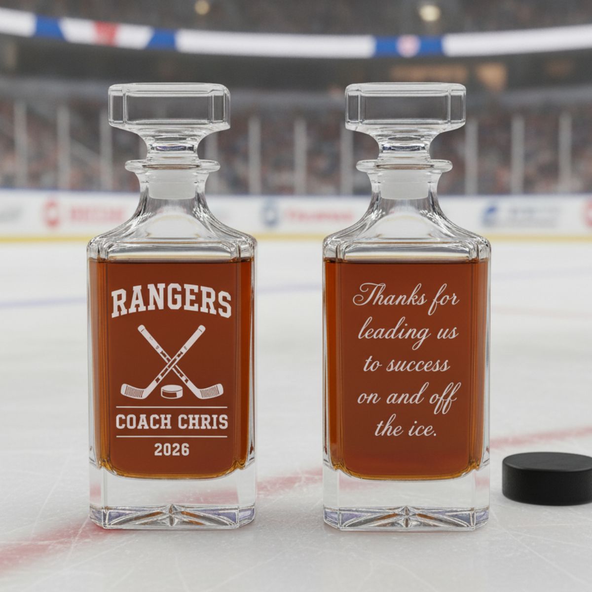 Personalized hockey coach whiskey decanter engraved with custom team name, coach name, and year.