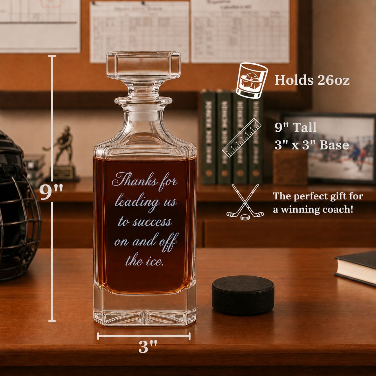 Personalized hockey coach whiskey decanter engraved with custom team name, coach name, and year.