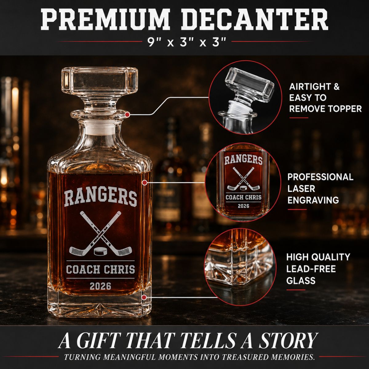 Personalized hockey coach whiskey decanter engraved with custom team name, coach name, and year.