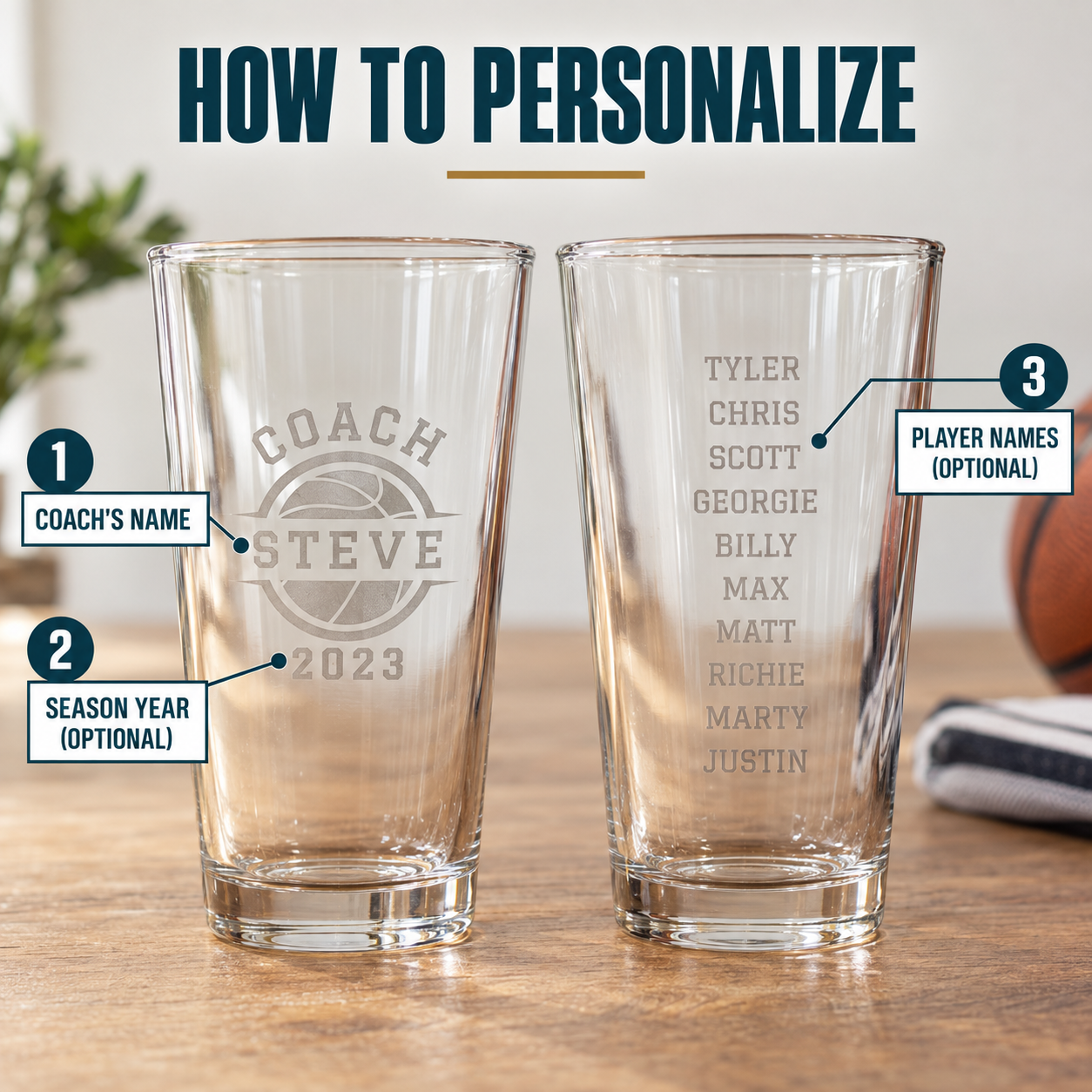 Pint glass with etched sample showing coach name and year on one side, player names listed on the other