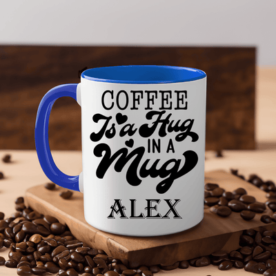 Blue Funny Coffee Mug With Hug In A Mug Design