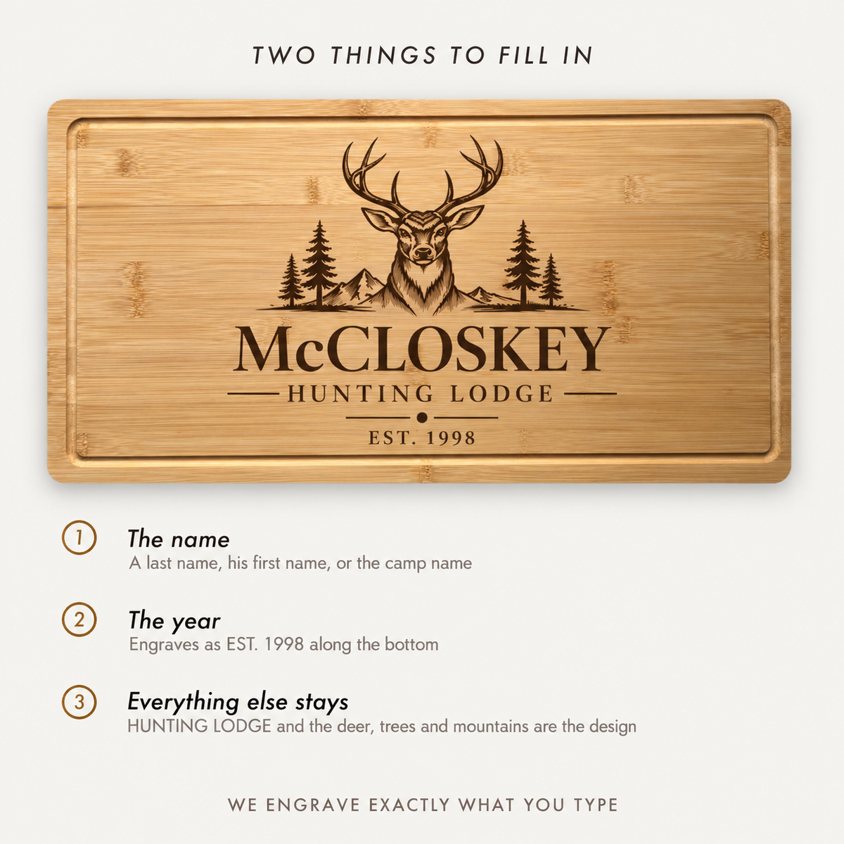 A personalized bamboo cutting board shown on a light beige background with instructional text above and below. The board is engraved with a deer head, trees, mountains, and the words 'McCLOSKEY HUNTING LODGE EST.