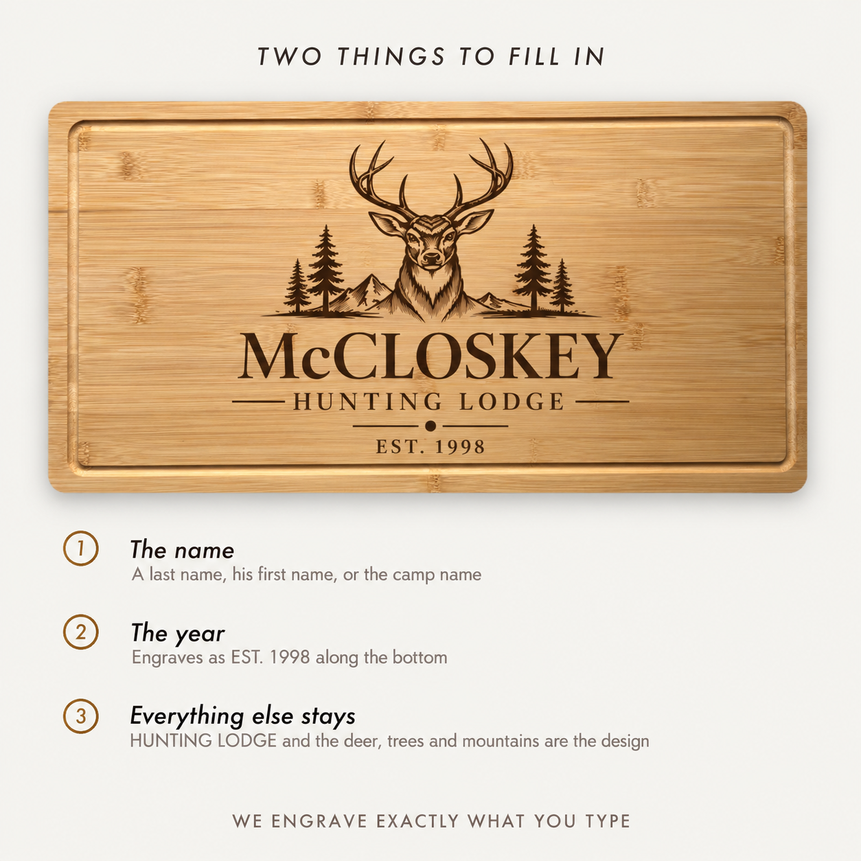 A personalized bamboo cutting board shown on a light beige background with instructional text above and below. The board is engraved with a deer head, trees, mountains, and the words 'McCLOSKEY HUNTING LODGE EST.