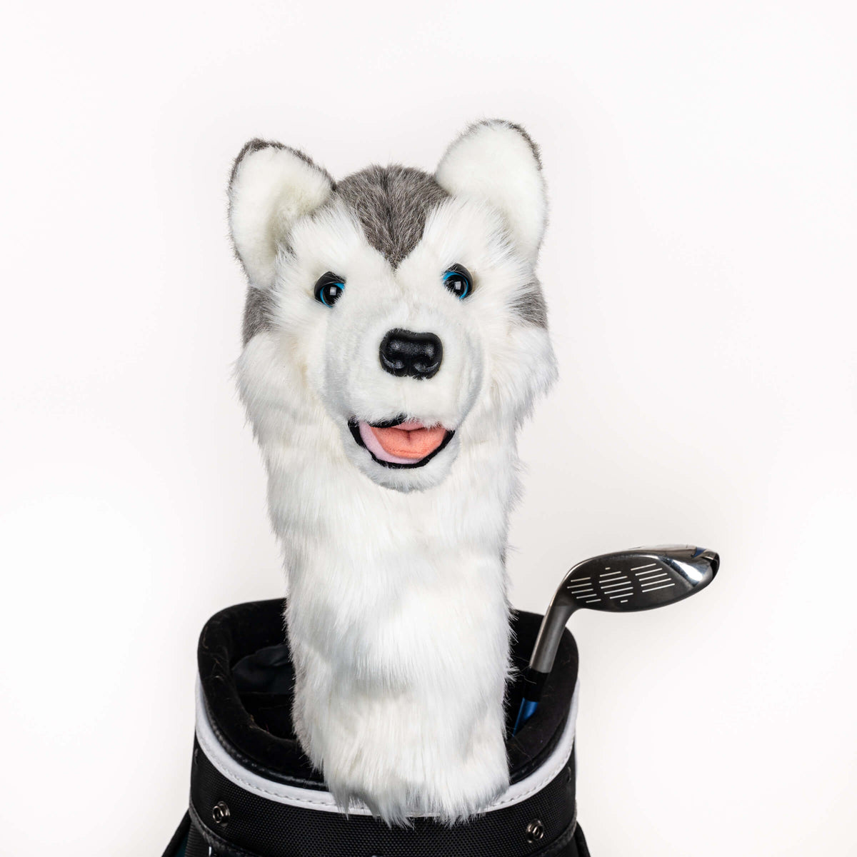 Plush husky golf headcover covering a club in a golf bag, a standout golf gift for men from Groovy Guy Gifts