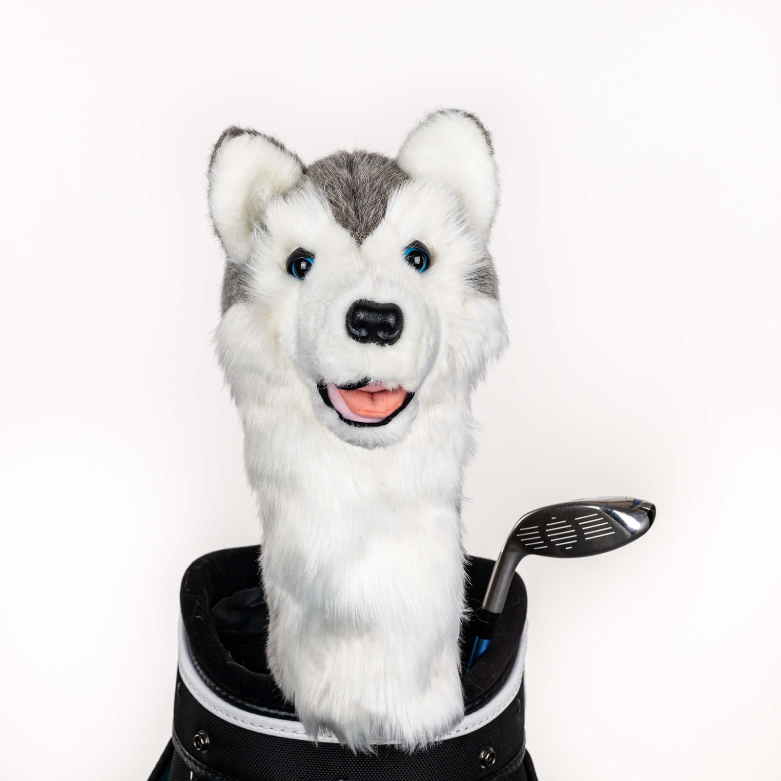 Plush husky golf headcover covering a club in a golf bag, a standout golf gift for men from Groovy Guy Gifts