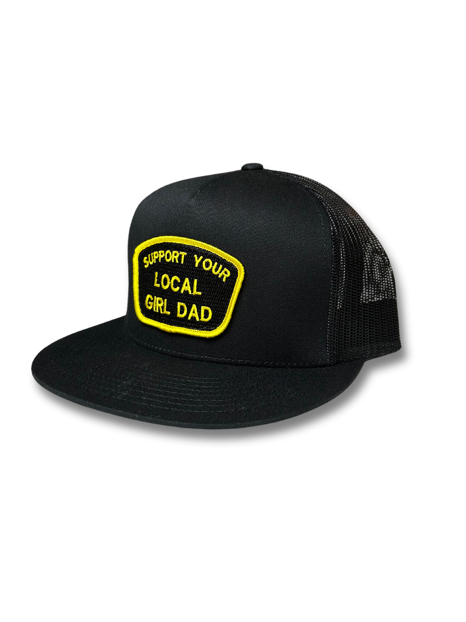 Support Your Local Girl Dad flat bill mesh hat with embroidered patch, charcoal/white and black options.