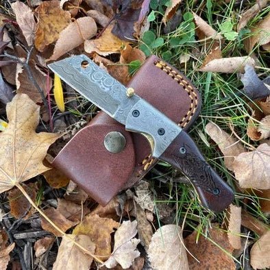 Unique Personalized Damascus Steel Folding Knife Wolf Engraved Customized Damascus Knife Gifts for Men by Groovy Guy