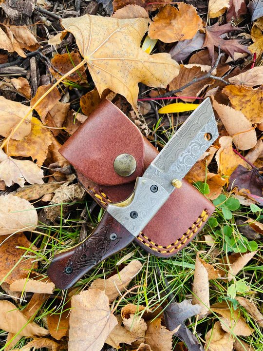 Unique Personalized Damascus Steel Folding Knife Wolf Engraved Customized Damascus Knife Gifts for Men by Groovy Guy