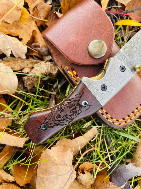 Unique Personalized Damascus Steel Folding Knife Wolf Engraved Customized Damascus Knife Gifts for Men by Groovy Guy