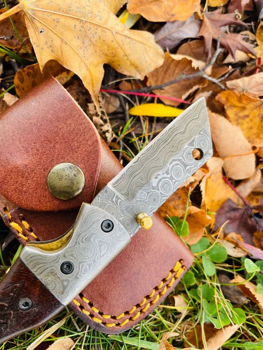 Unique Personalized Damascus Steel Folding Knife Wolf Engraved Customized Damascus Knife Gifts for Men by Groovy Guy