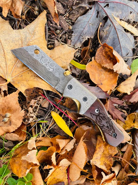 Unique Personalized Damascus Steel Folding Knife Wolf Engraved Customized Damascus Knife Gifts for Men by Groovy Guy