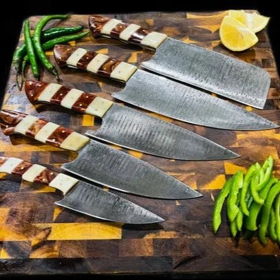 Unique Personalized 5 - Piece Damascus & Acrylic Knife Set with Leather Carry Bag Customized Damascus Knife Gifts for Men by Groovy Guy