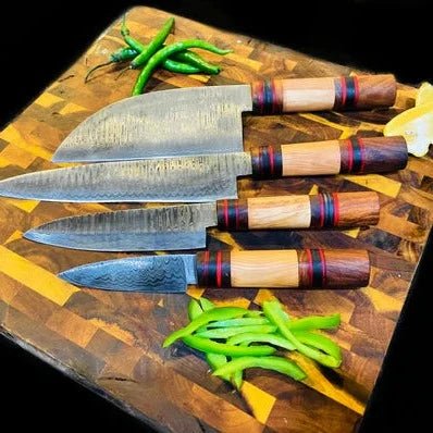 Unique Personalized 4 - Piece Damascus & Wood Grip Knife Set with Leather Carry Bag Customized Damascus Knife Gifts for Men by Groovy Guy
