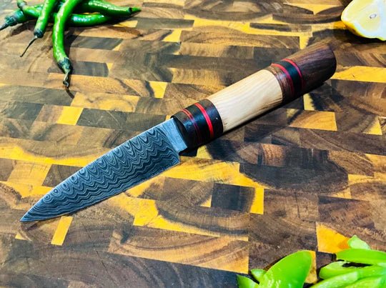 Unique Personalized 4 - Piece Damascus & Wood Grip Knife Set with Leather Carry Bag Customized Damascus Knife Gifts for Men by Groovy Guy
