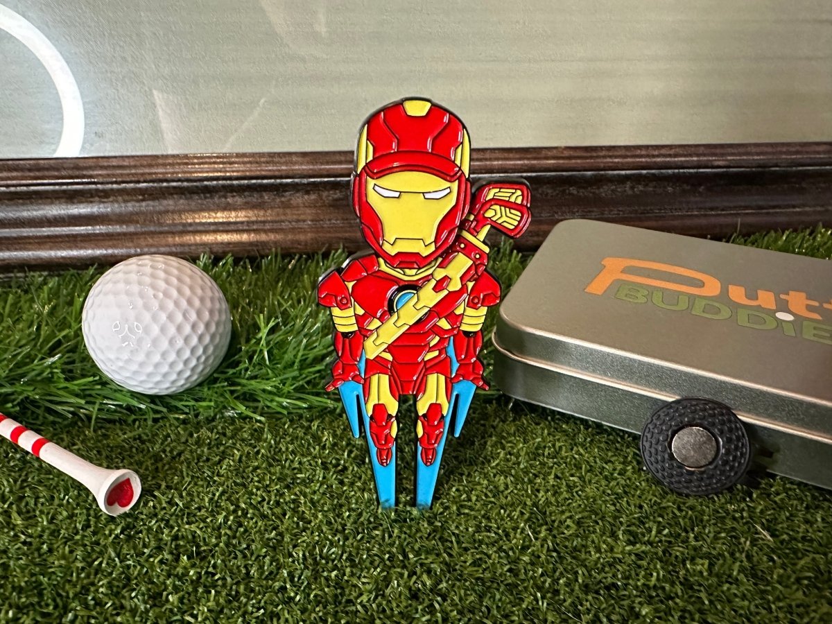 Unique Personalized 9 - Iron Man Golf Divot Tool w/ magnetic helmet ball marker Customized Divot Tools Gifts for Men by Groovy Guy