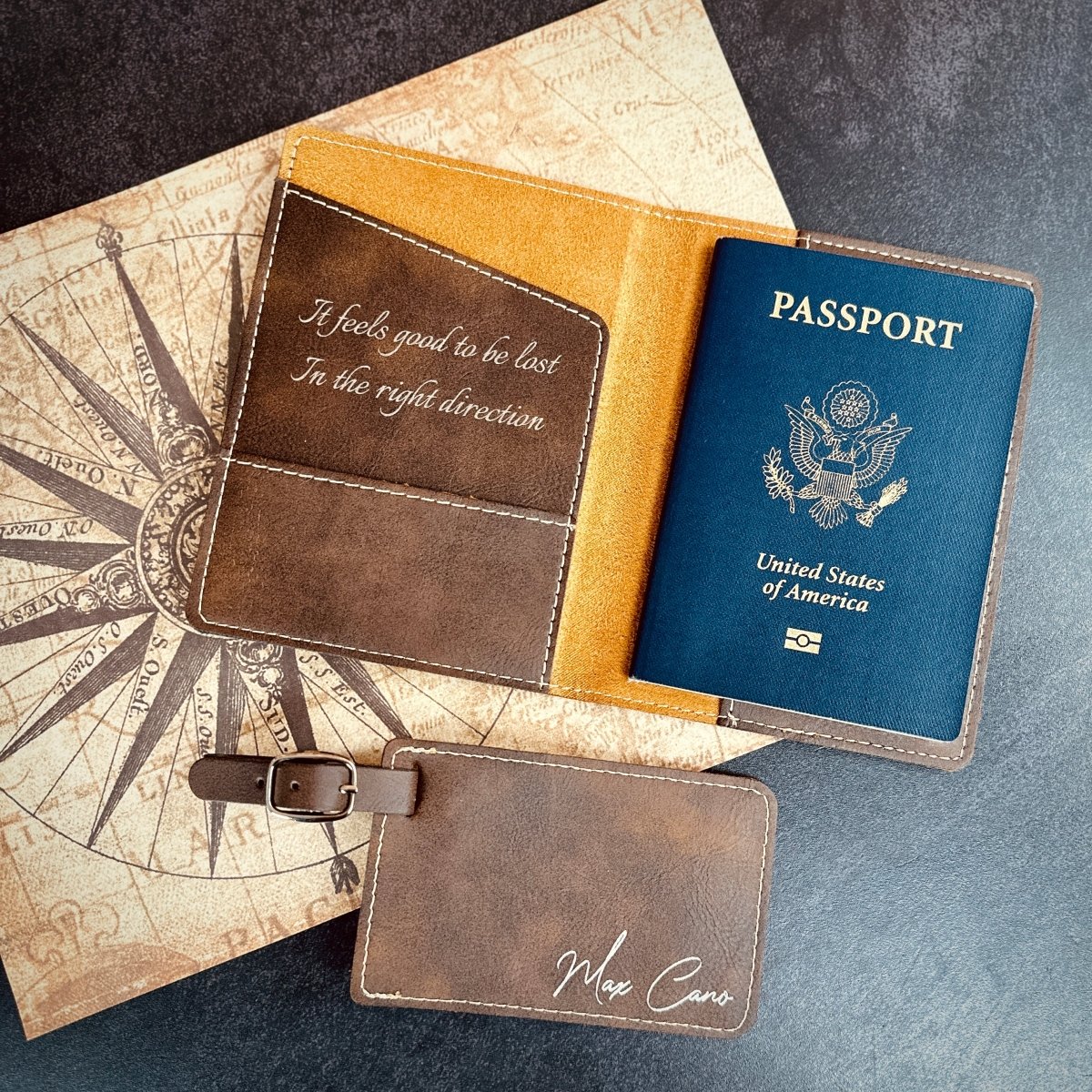 personalized leather passport holder and luggage tag travel gift set