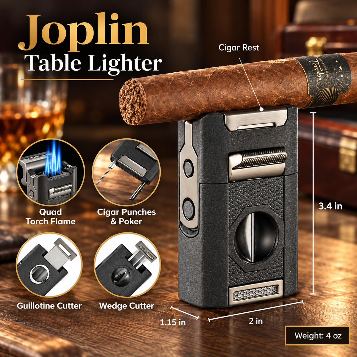 Joplin Table Lighter with quad torch flame, cigar punches, poker, guillotine cutter, and wedge cutter, black with chrome accents, 3.4 inches tall