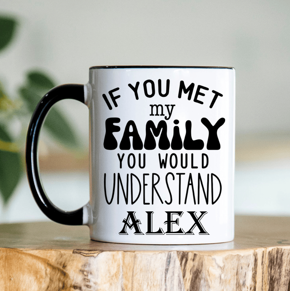 Black Funny Coffee Mug With Just Meet My Family Design