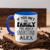 Blue Funny Coffee Mug With Just Meet My Family Design