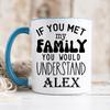 Light Blue Funny Coffee Mug With Just Meet My Family Design