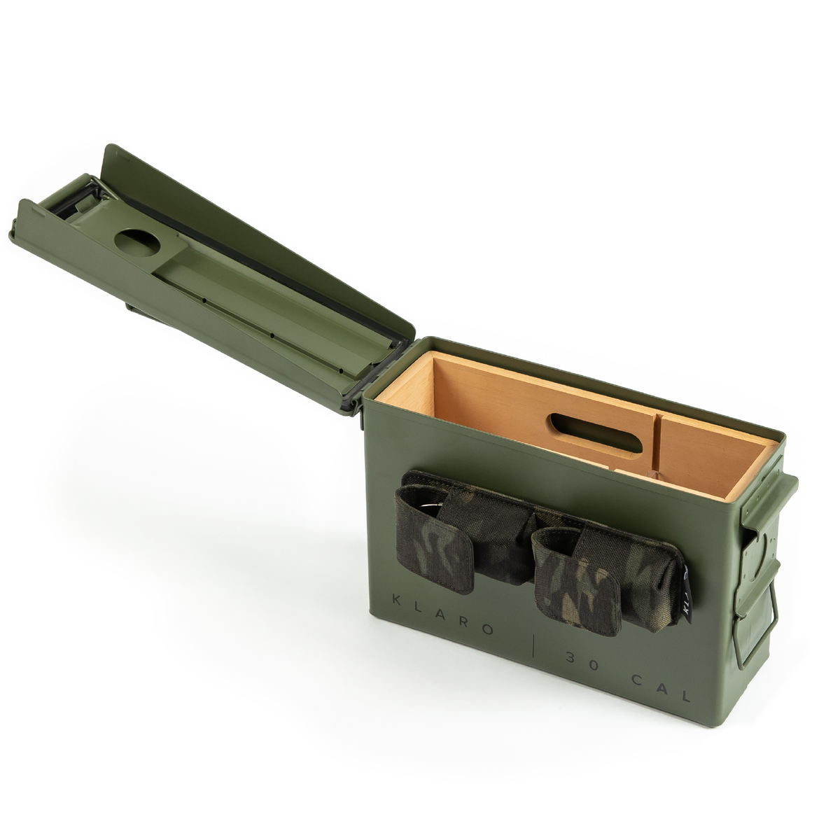 30 Cal ammo can cigar humidor with Spanish cedar tray and magnetic accessory holder – rugged military-inspired design.